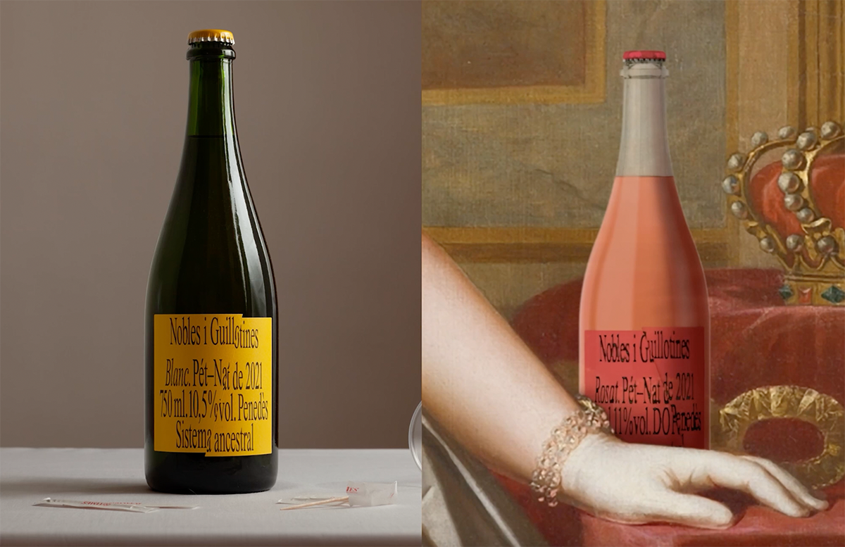 Eine Weinfalsche mit gelben, typografischem Label und daneben ein Ausschnitt aus einem Gemälde, in das die Flasche integriert ist.