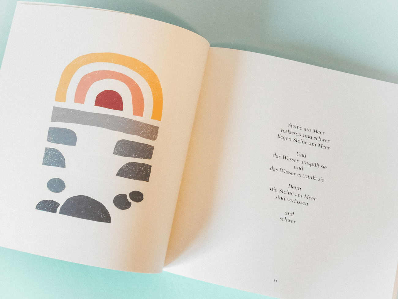 Doppelseite aus Gedichtband Augenlieder mit abstrakter Illustration eines Sonnenuntergangs über einem steinigen Strand