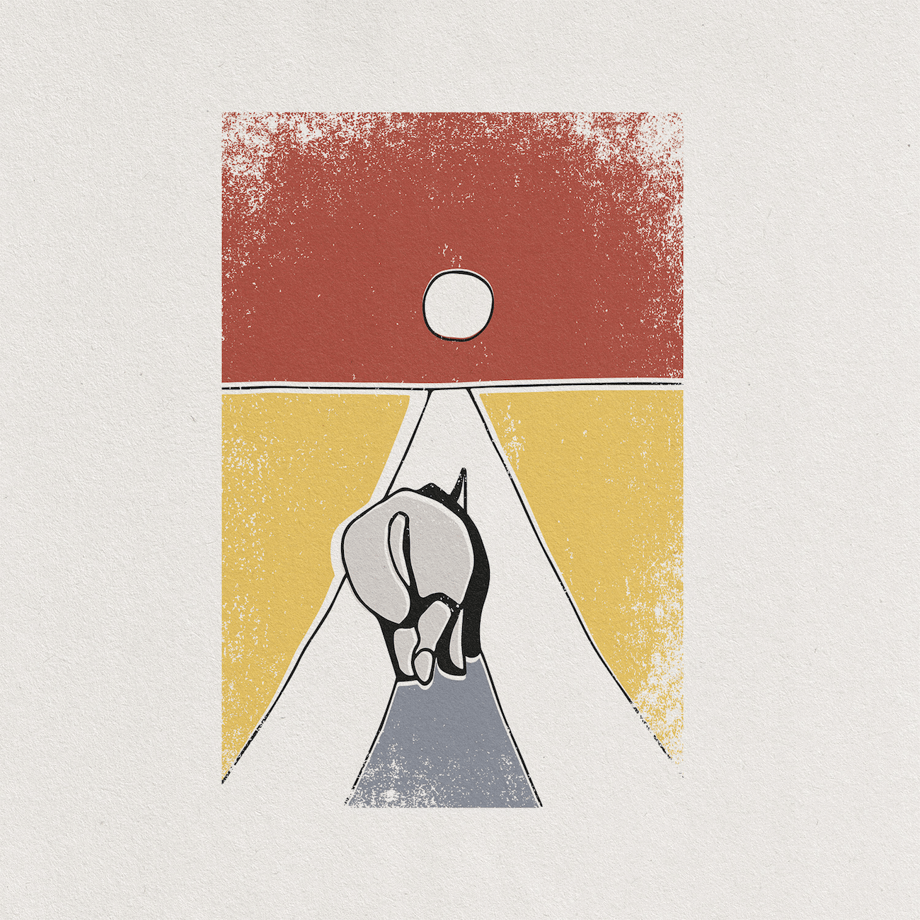 Illustration eines Rhinos (Rückansicht), das eine Straße gen Sonne entlanggeht