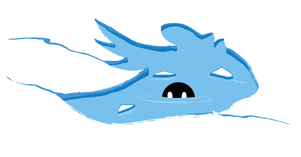 Ein Loch in einer Eisschicht in Form des twitter-Vogels. Im eiskalten Wasser schwimmt ein User des sozialen Netzwerkes