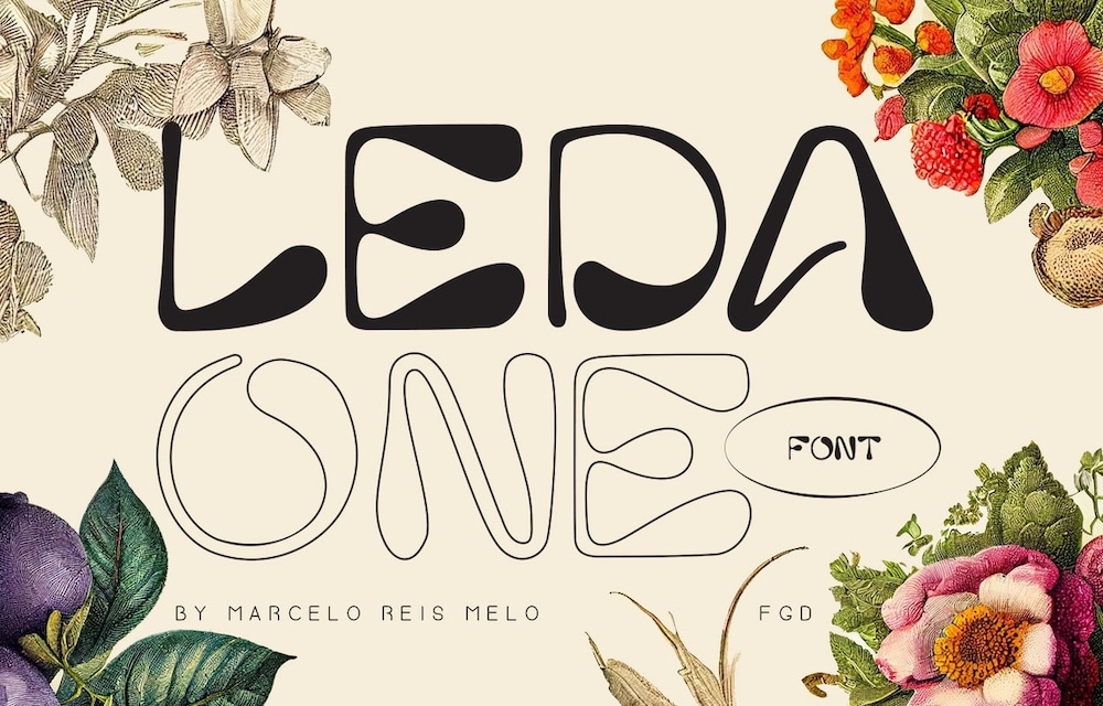 Displayfont Leda One: Schriftbeispiel mit Blumen