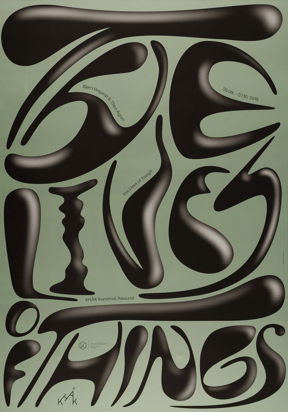 The F* word – Guerrilla Girls und feministisches Grafikdesign. Plakat von Ariane Spanier mit wabbeligen, futuristischen Buchstaben, die »The Lives of Things« schreiben