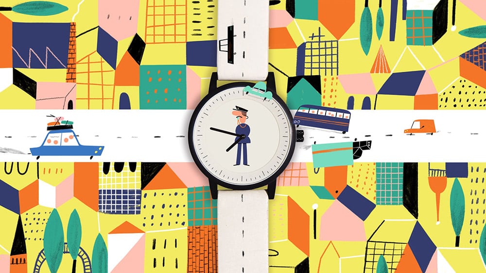 Verkehrsszene von Animations-Künstler Martin Smatana. Im Hintergrund die abstrakte Zeichnung einer Stadt mit einer Straßenkreuzung in der Mitte. Auf der Zeichnung liegt eine Uhr, die wie ein Kreisverkehr aussieht und in deren Zentrum ein Polizist steht, der den Verkehr regelt.