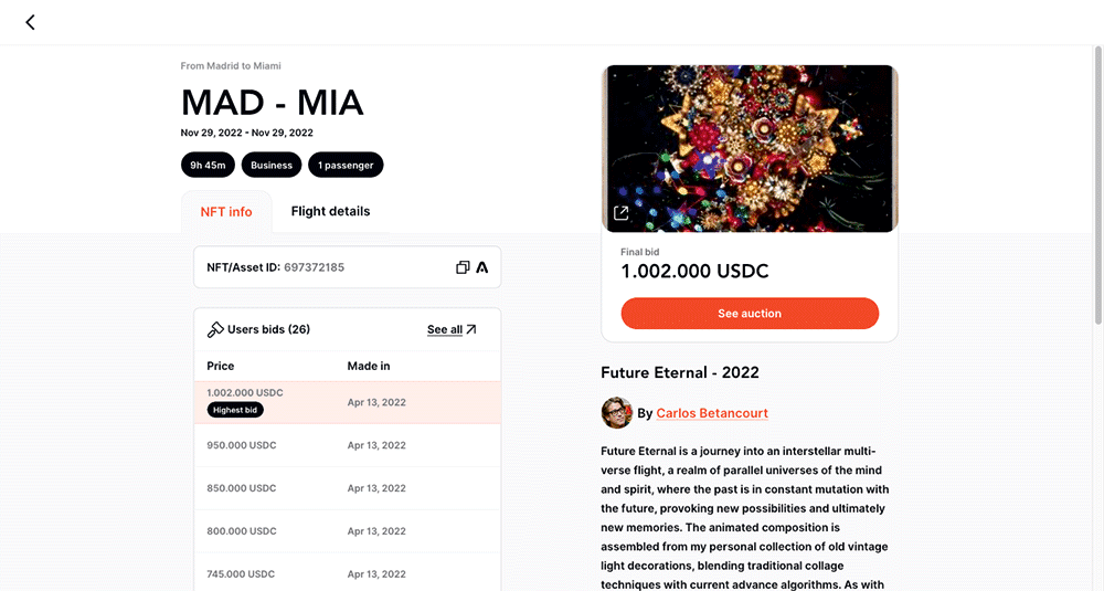 Webansicht von einer NFT-Auktionsseite, auf der ein NFT des Künstlers Carlos Betancourt ersteigert werden kann.