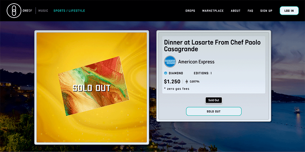 Webansicht der NFT-Verkaufsseite ONEOF. Das im rechten Kästchen angebotene »Dinner at Lasarte« wird auf der linken Seite als ausverkauft angezeigt. Der Wert ist mit 1250$ angegeben.
