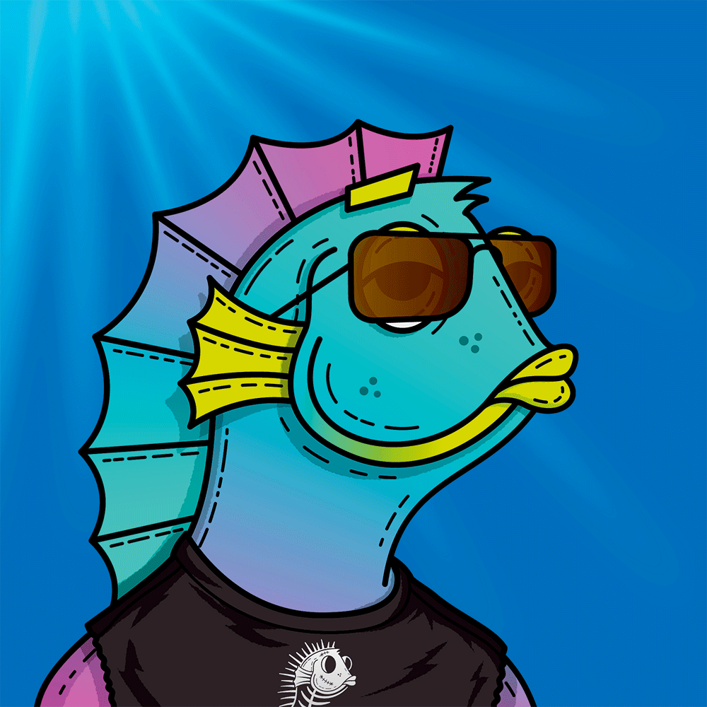 Illustration einer bunten Person mit Fischkopf und lässigem Gesichtsausdruck. Die Figur trägt eine halbtransparente Sonnenbrille und ein schwarzes T-Shirt mit der Illustration einer Fischgräte, die ihr selbst ähnlich sieht.