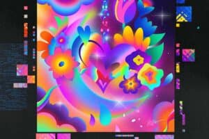 Ein poster mit einem generierten Artwork mit Regenbogenfarben und grafisch stilisierten Blumen, die ineinander verschwimmen