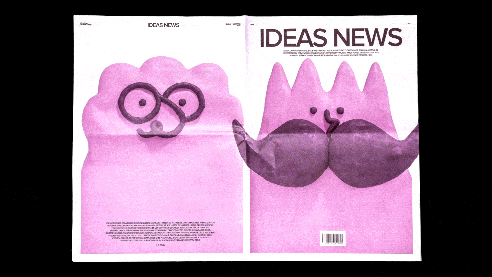 Das Cover der Zeitung mit zwei großen, rosafarbeneren Charakteren mit Bri,le und Schnurrbart