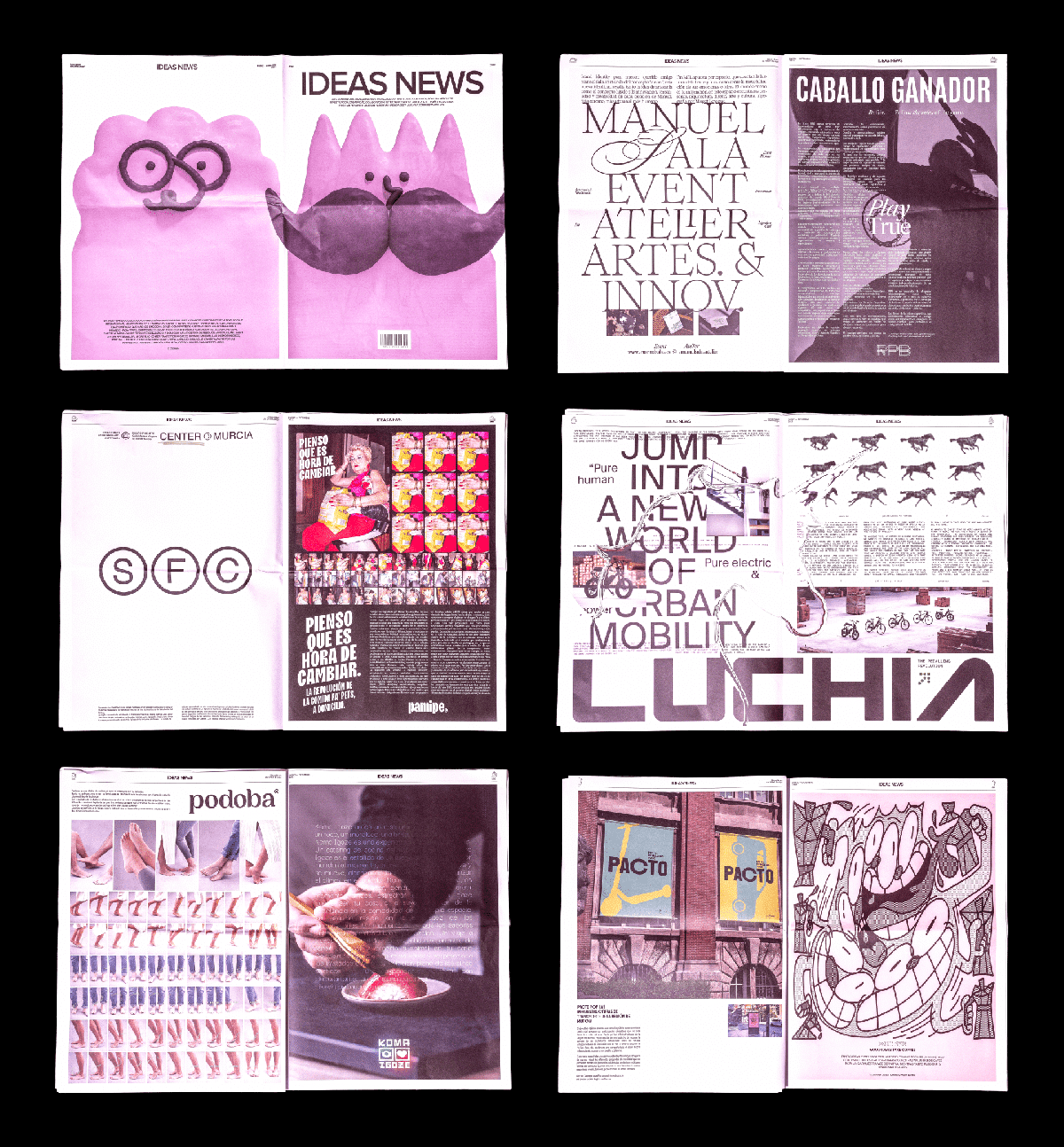 Sechs Doppelseiten einer Zeitung mit monochrom Pinke Design und großer, experimenteller Typografie