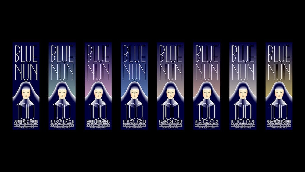 Packaging Design: Acht Weinetiketten der verschiedenen »Blue Nun« Weinsorten