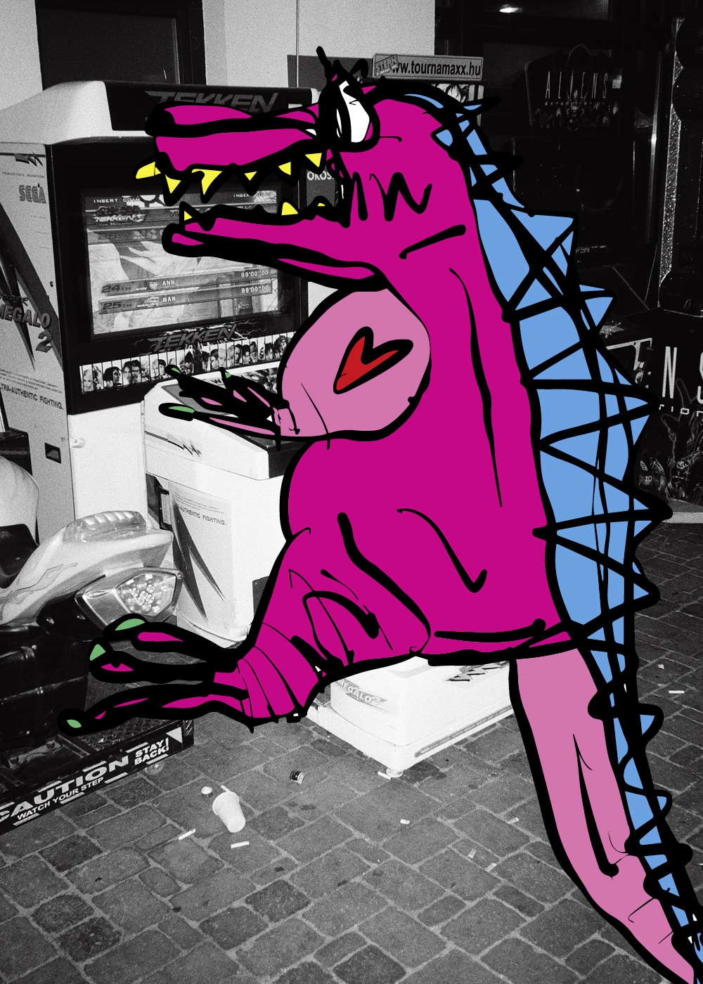 Schwarz-Weiß Photo von einem Spielsalon. Darauf eine digitale Illustration von einem Dino, der mit einem der Spiele beschäftigt ist.