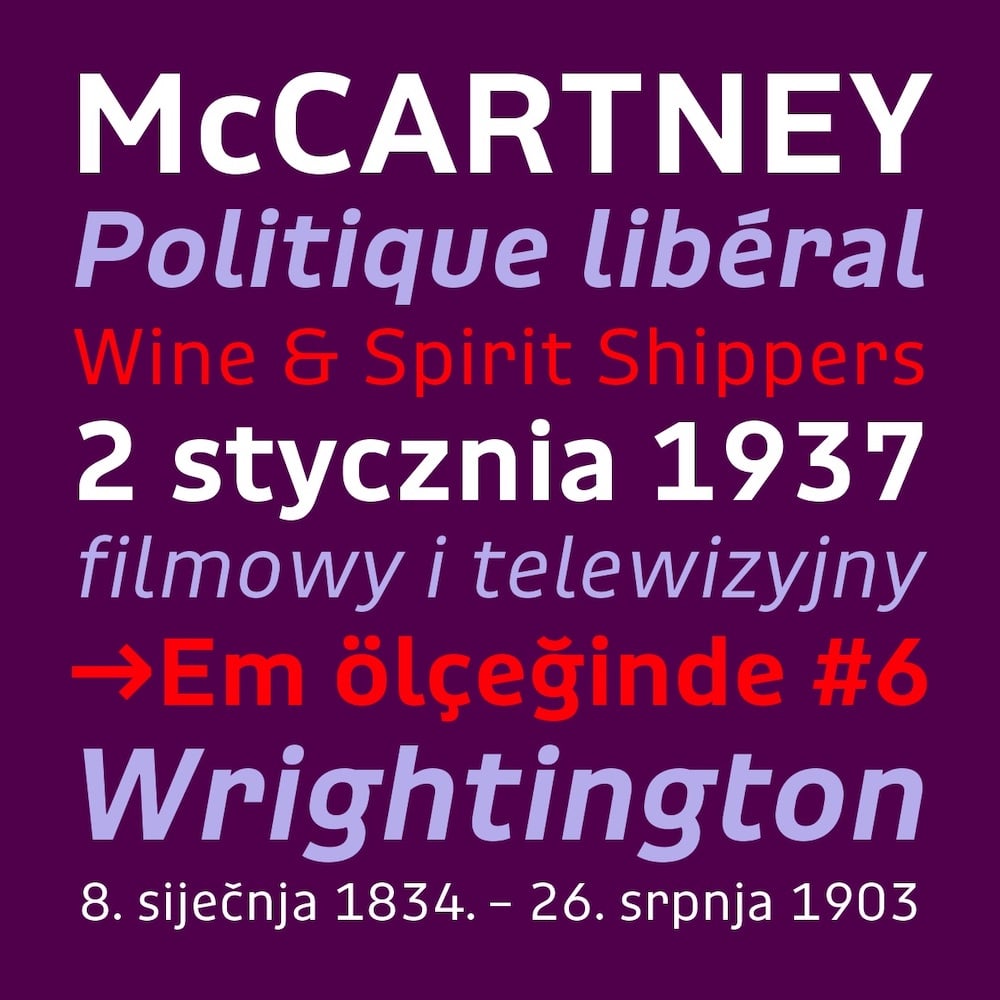 Typografie: Schriftbeispiel für die Serifenlose Rigby mit weiß, Flieder und Rot auf violettem Hintergrund