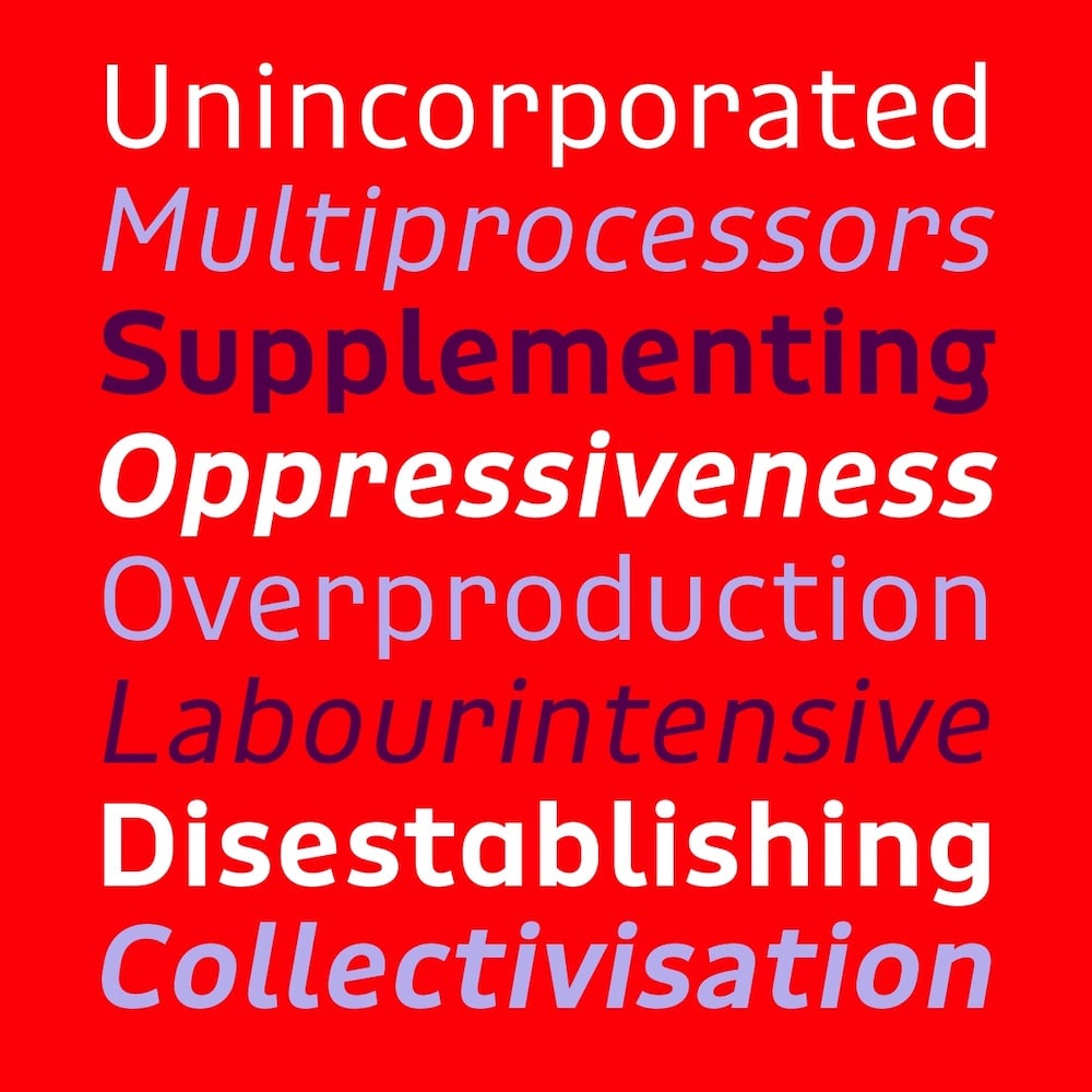 Typografie: Schriftbeispiel für die Serifenlose Rigby in weiß, Flieder und Violett auf rotem Hintergrund