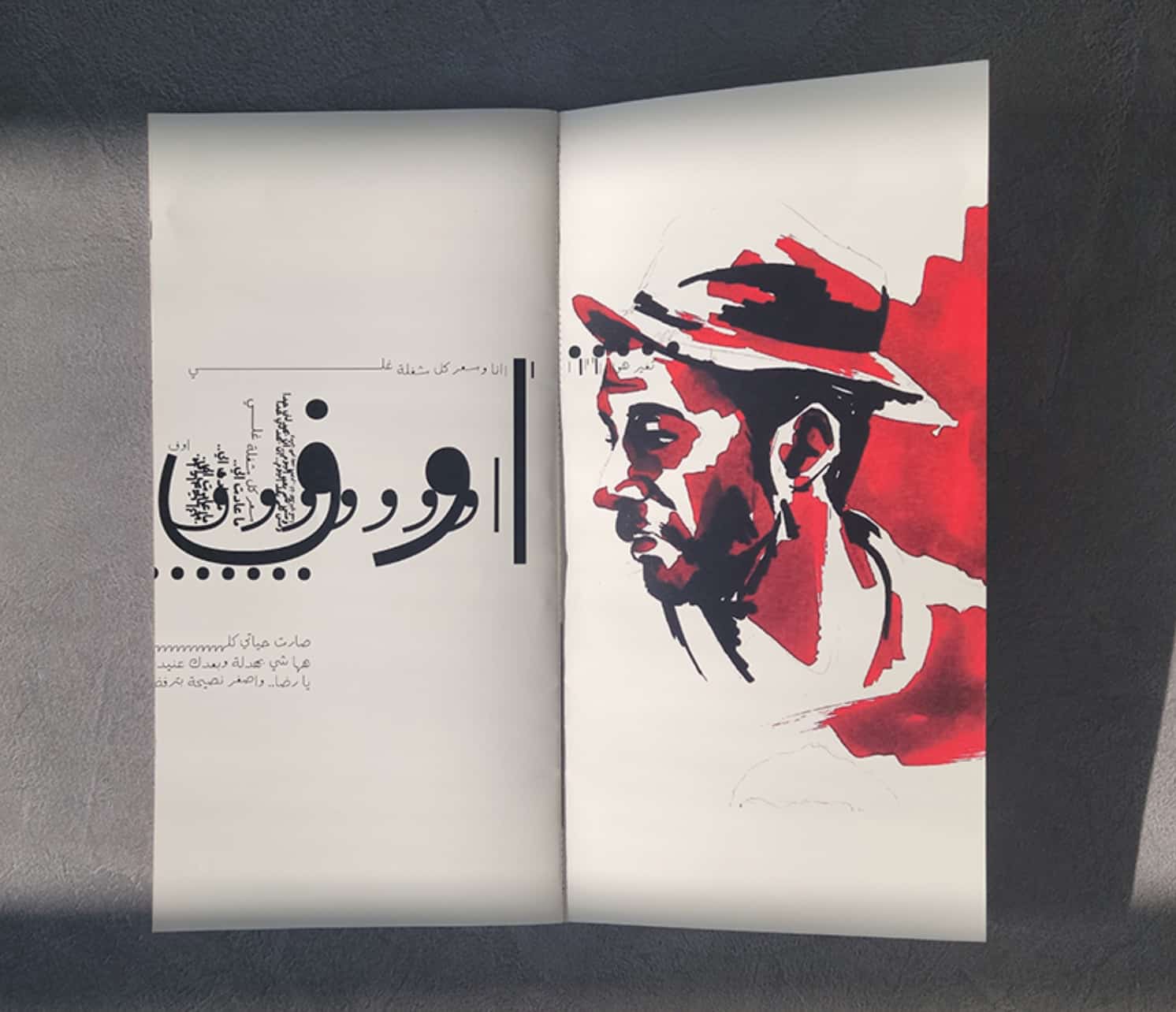 Doppelseite aus einem Heft. Auf der linken Seite ist arabische Schrift zu sehen, auf der rechten Seite eine Porträtzeichnung eines Mannes in roter und schwarzer Tusche