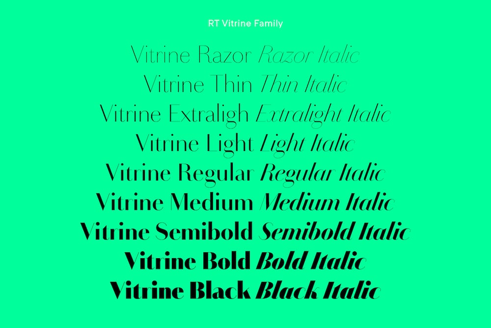 Typografie: Alle Schnitte der Displayschrift Vitrine von Mirco Schiavone