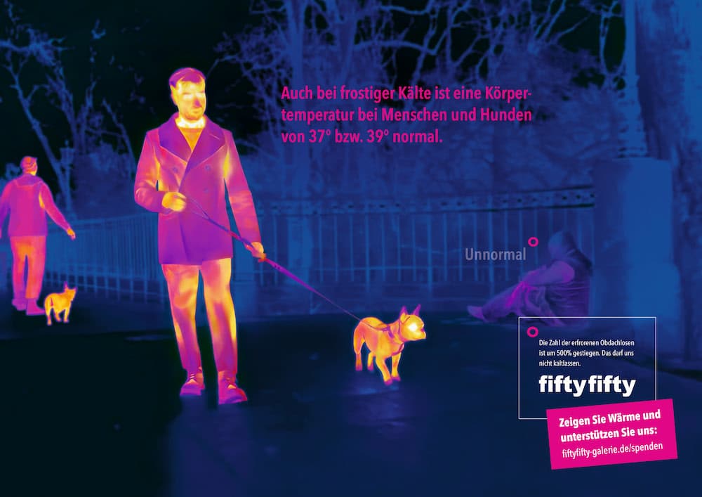 Kampagne »Winter in Deutschland« von fiftyfifty. Plakat mit Wärmebild (Gassi gehen)