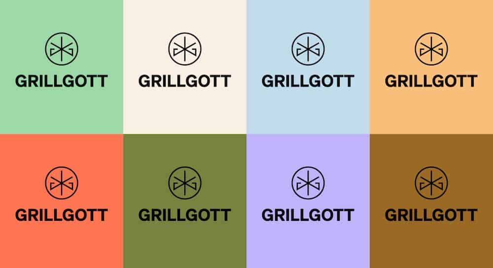 Corporate Design für GrillGott vom Studio Arndt Benedikt: Logo mit Wort und Bild vor verschiedenen farblichen Hintergründen