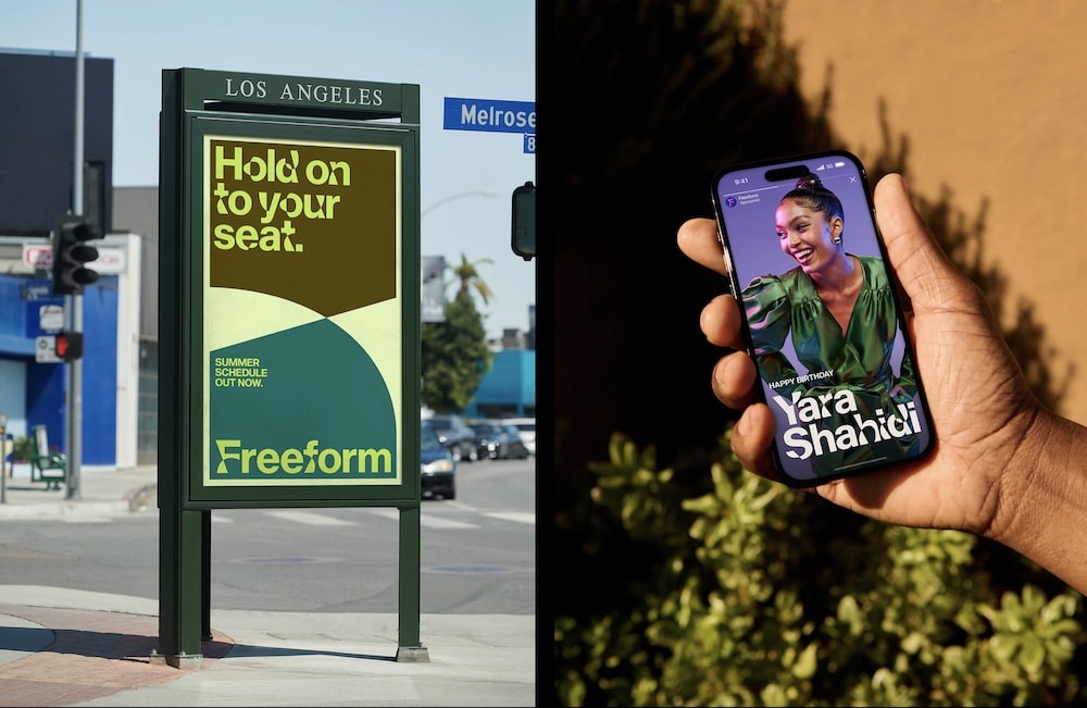 Variable Font »Neue Haas Grotesk«: Links ein Plakat in Los Angeles, rechts mobile Ansicht der Website