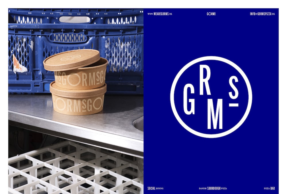 Gorms Branding: Auf der linken Seite das Foto eines Packaging Designs für eine Salatverpackung. Auf der rechten Seite das Wortlogo auf Königsblau