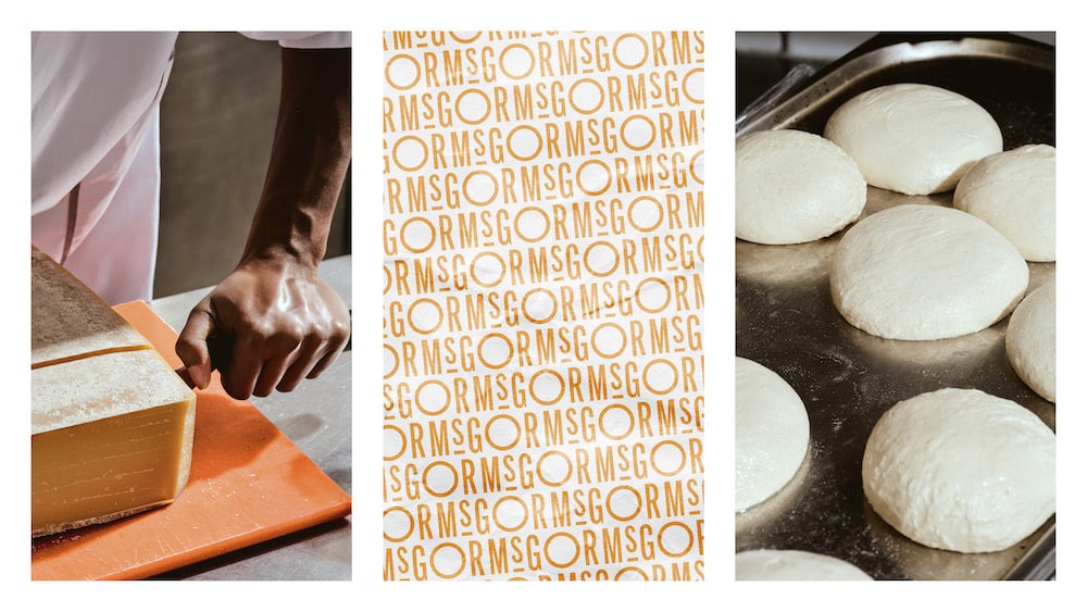 Gorms Branding: Food-Fotografie und Verpackungsmaterialien mit einem Muster aus dem Schriftzug 