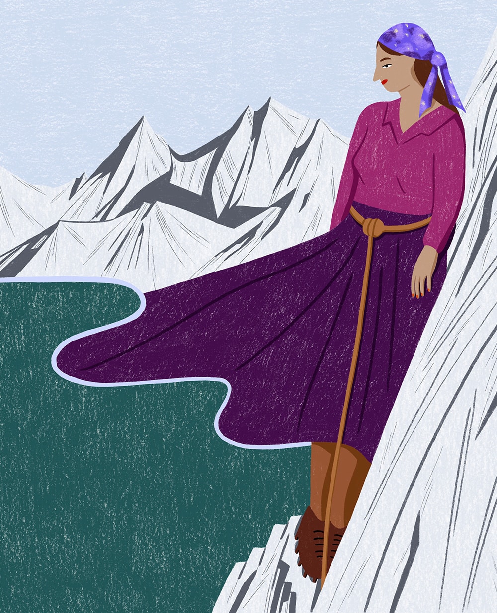 Illustration von Tatjana Prenzel über die Emanzipation der Frauen: Eine Frau besteigt einen Berg und ist an der Taille mit einem Seil gesichert.