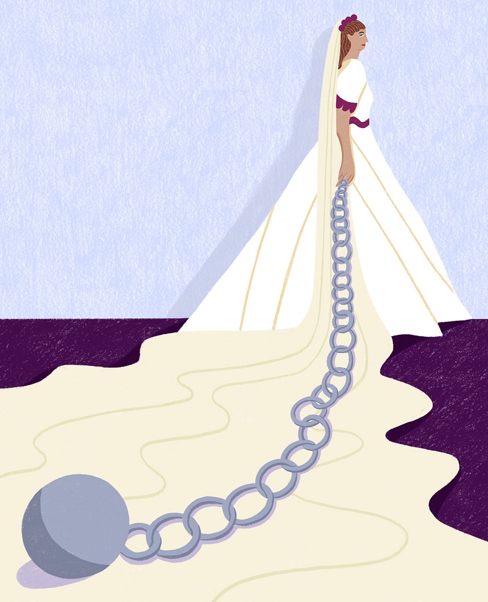 Illustration von Tatjana Prenzel über die Emanzipation der Frauen: Eine Braut mit gigantischem Schleier hält an einer Hand eine lange Kette mit Gefängniskugel.