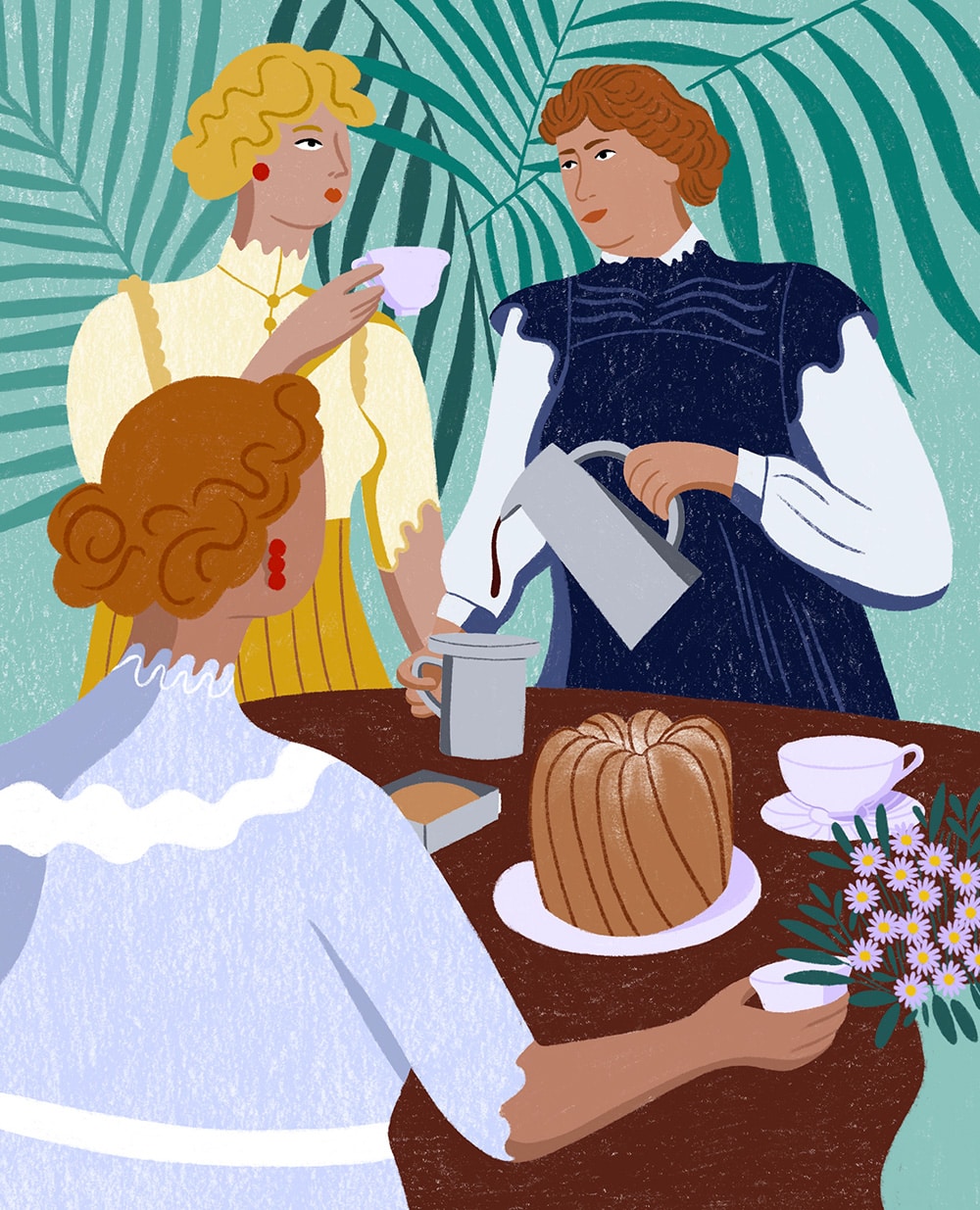 Illustration von Tatjana Prenzel über die Emanzipation der Frauen: Kaffeekränzchen von drei Frauen mit Gugelhupf