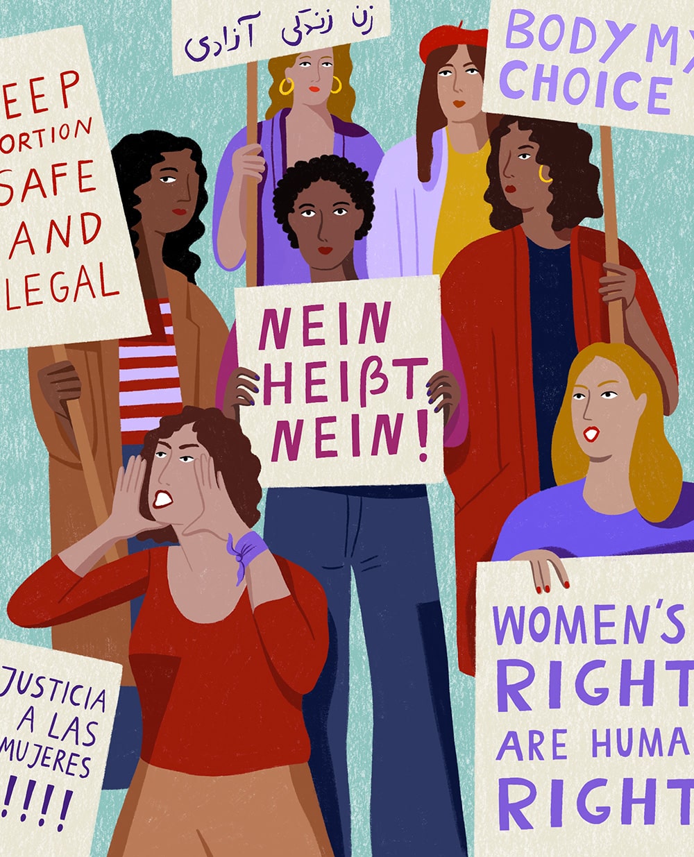 Illustration von Tatjana Prenzel über die Emanzipation der Frauen: Frauen demonstrieren Seite an Seite für Ihre Rechte.