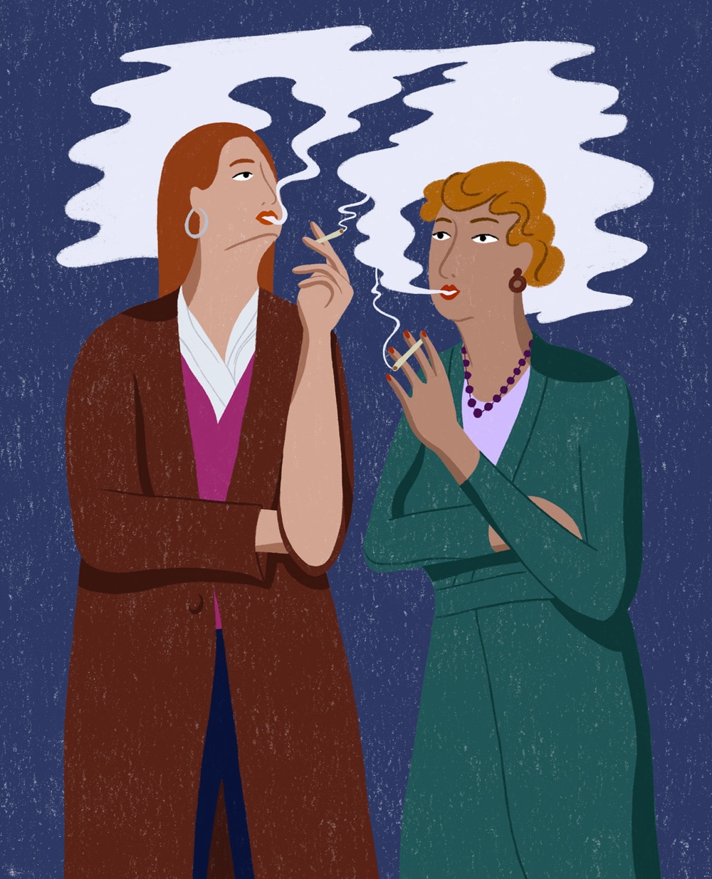 Illustration von Tatjana Prenzel über die Emanzipation der Frauen: Zwei  Frauen stehen nebeneinander und rauchen. Der Qualm wabert um ihre Köpfe
