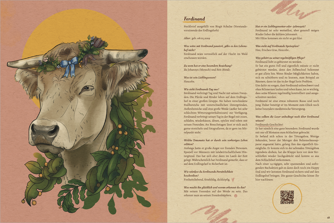 Doppelseitige Illustration mit Kuh und Zine-Layout von Janieke Möbes