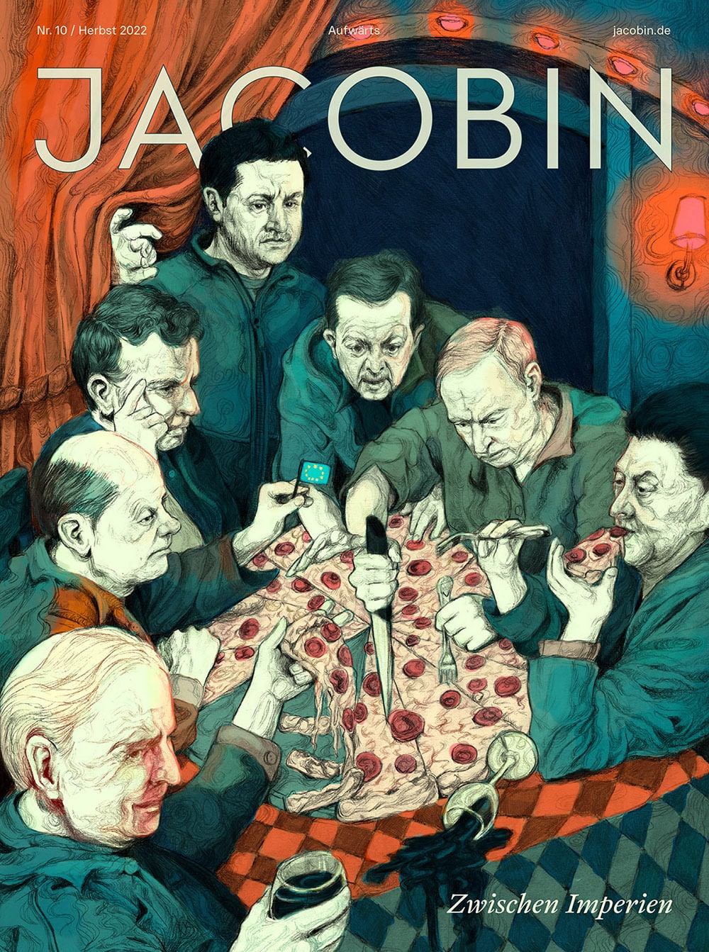 Titelillustration für das Jacobin-Magazin, auf dem 7 weiße Männer Salamipizza essen