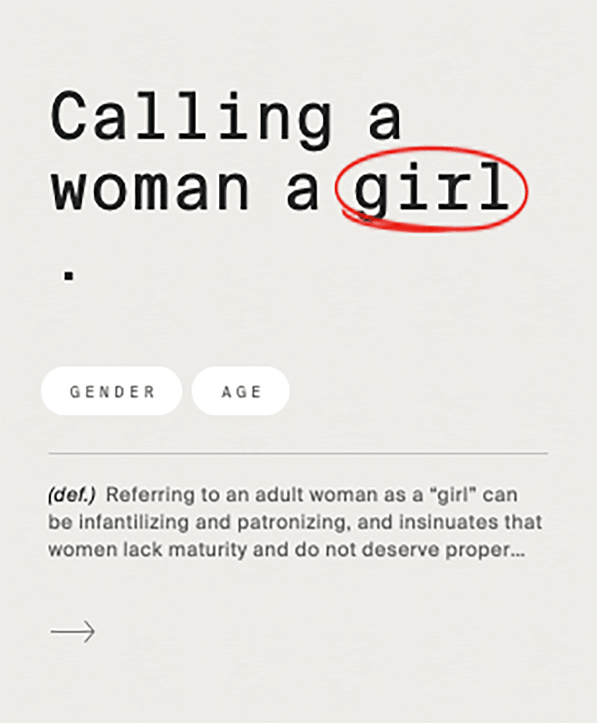 Eine Flashcard auf der »Calling a woman a girl« steht. Das Wort girl ist rot umkreist