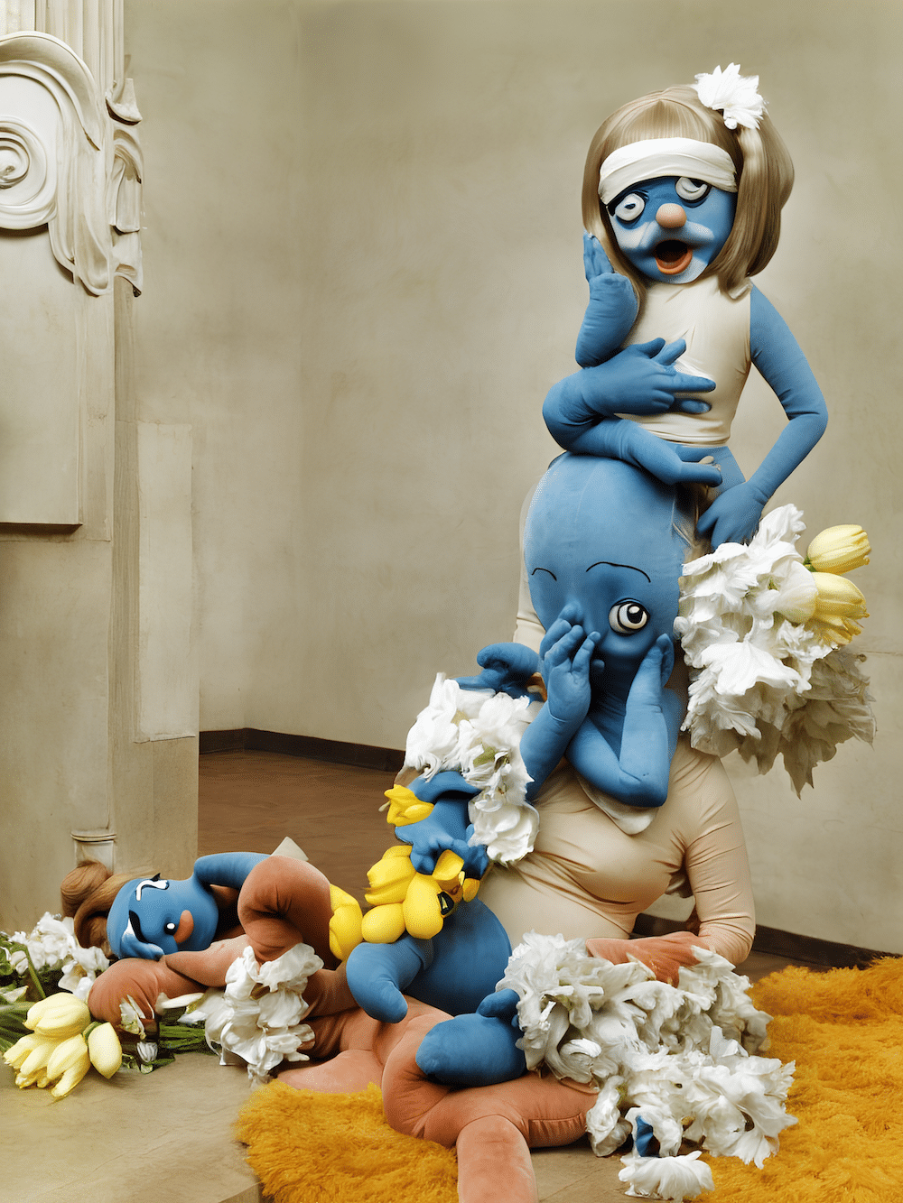 Blaue Puppen von Beth Frei mit Blumen auf orangenem Plüschteppich