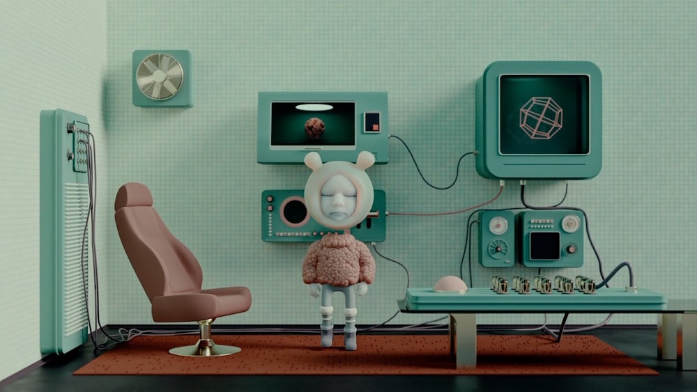 Filmstill aus der Animation »Stare« von Nikola-Radulovikj. Eine kleine Person mit Bommelmütze steht in einem Raum, das aussieht wie ein retrofuturistischer Behandlungsraum in minigrün und braun