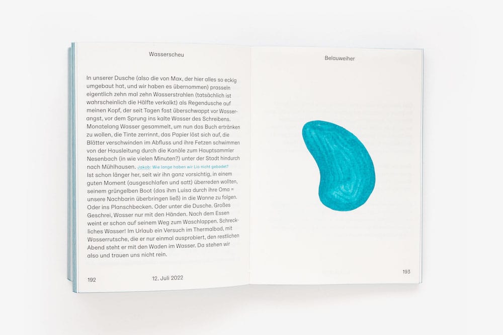 Kunstbuch »Plitsch Platsch« von Christina Schmid und Aida Nejad: Doppelseite mit einer Geschichte auf der linken Seite und einer Zeichnung auf der rechten Seite