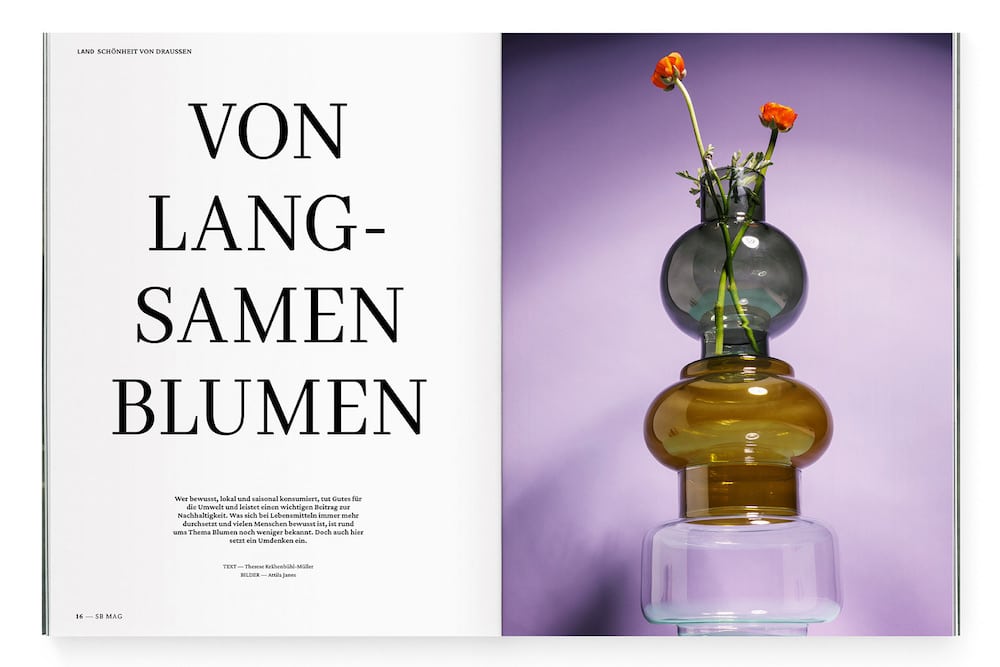 Doppelseite aus dem Schweizer Bauer Magazin. Links die Artikelüberschrift in großen Lettern: Von langsamen Blumen. Rechts ein Bild mit einer hohen Glasvase, in der zwei langstielige orangene Ranunkeln stehen