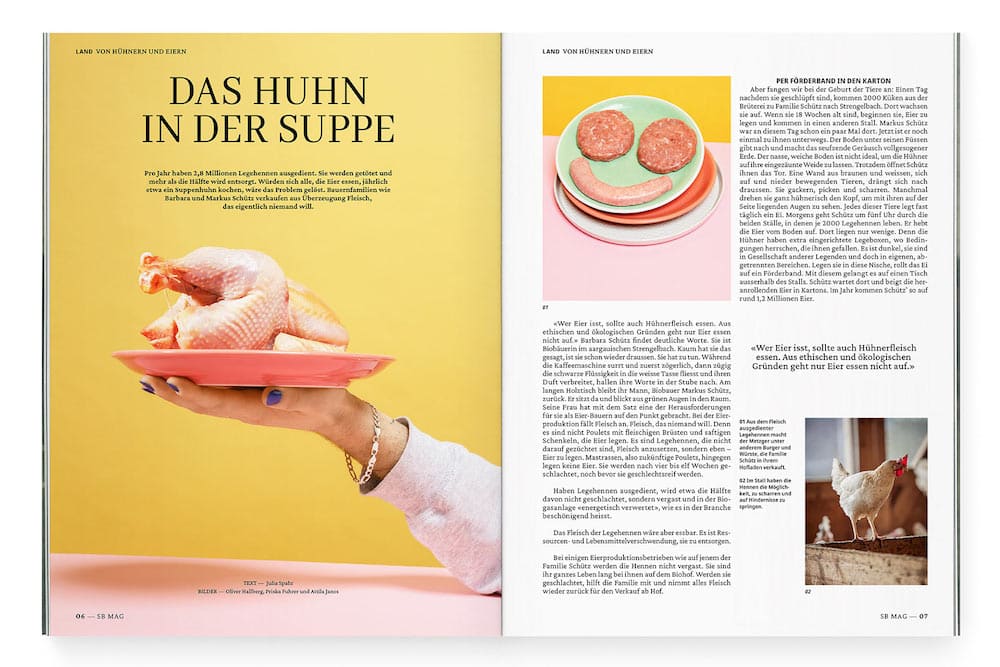 Doppelseite aus dem Schweizer Bauer Magazin. Links eine Hand, die ein Suppenhuhn auf einem Teller balanciert. Rechts Text und oben ein Bild mit einem Teller, auf dem aus Wurst und Würstchen ein Smiley gelegt ist. Unten ein Bild von einer Henne im Stall.