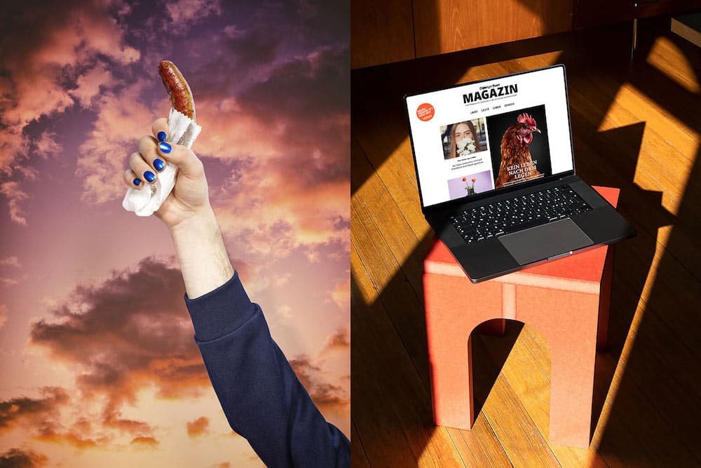 Links eine Hand mit blauen Fingernägeln, die ein Würstchen in den Himmel hebt. Rechts die Website des neuen Schweizer Bauer Magazins auf einem Laptop.