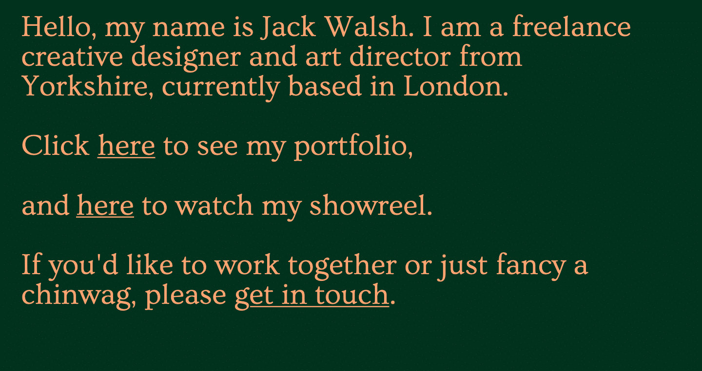 Website von Jack Walsh mit viel Text, keinen Bildern und verschiedenen Verlinkungen