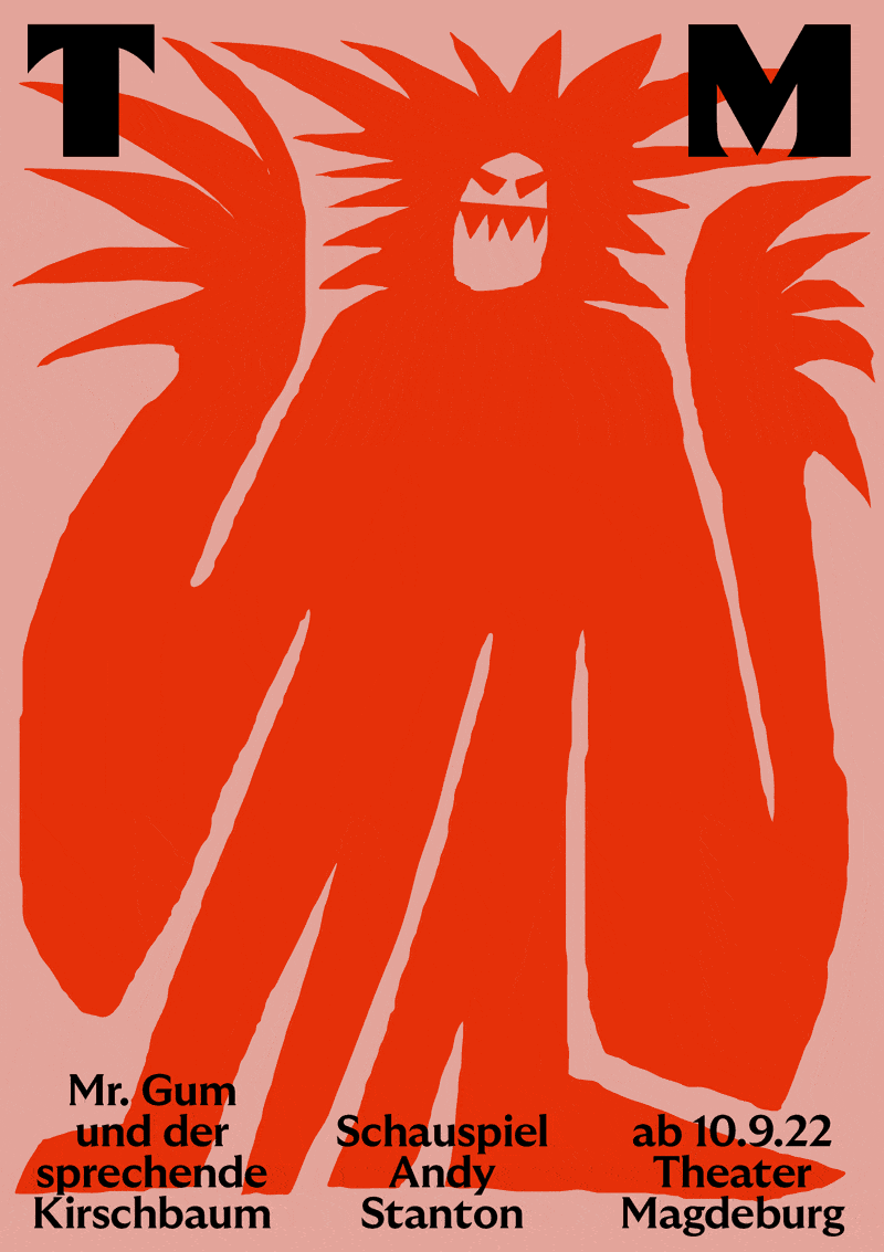 Animiertes Plakat für das Theater Magdeburg von Neue Gestaltung: Ein explosives, rotes Wesen auf rosa Untergrund für das Stück »Mr. Gum und der sprechende Kirschbaum«