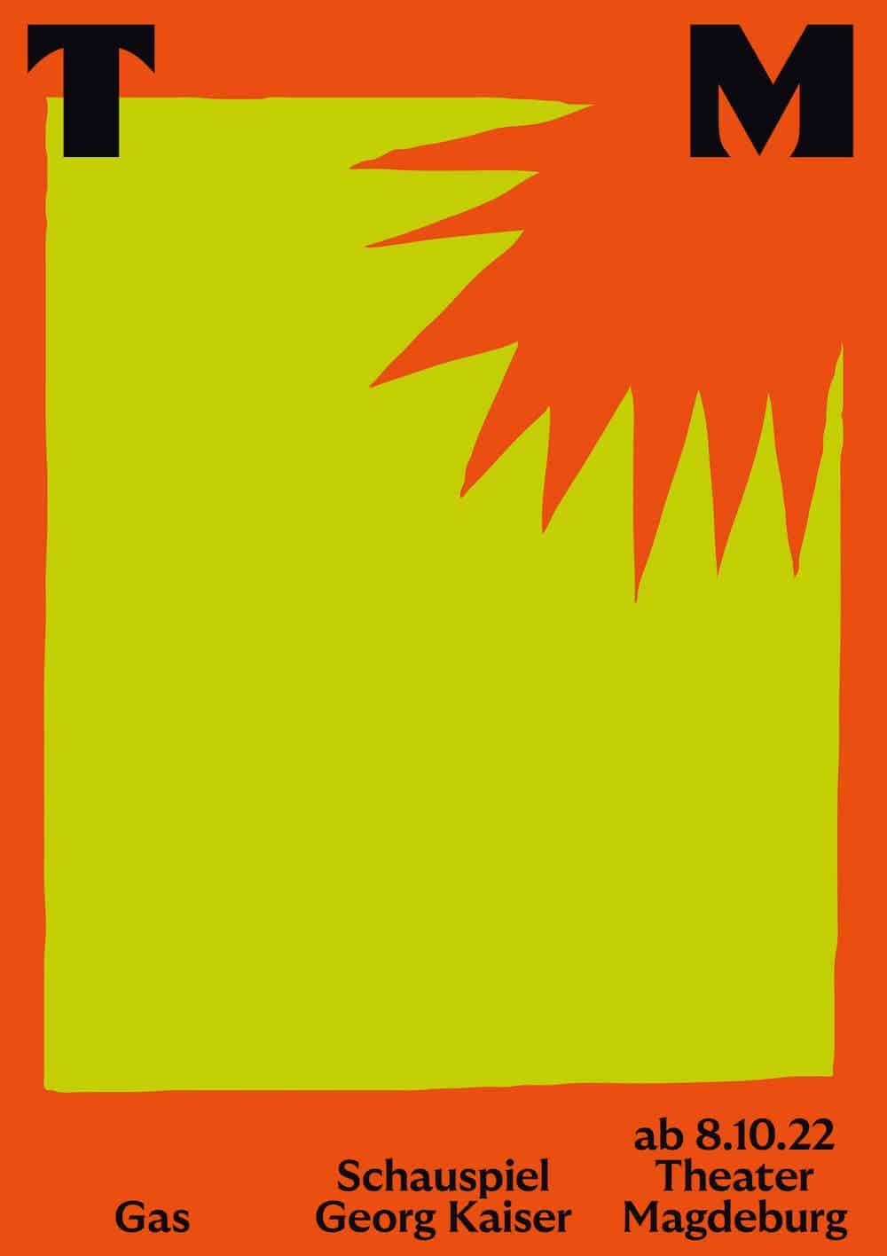 Plakat für das Theater Magdeburg von Neue Gestaltung: Orangene Explosion in gelbem Raum für das Stück "Gas"