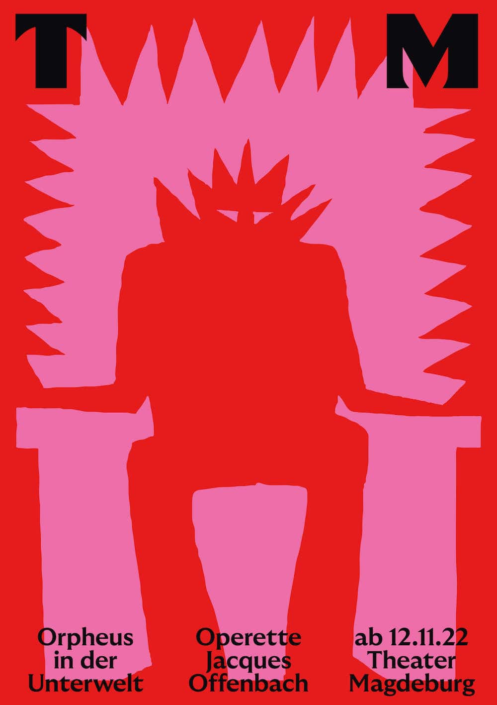 Plakat für das Theater Magdeburg von Neue Gestaltung: Rote Figur auf einem rosa Sessel für das Stück Orpheus in der Unterwelt