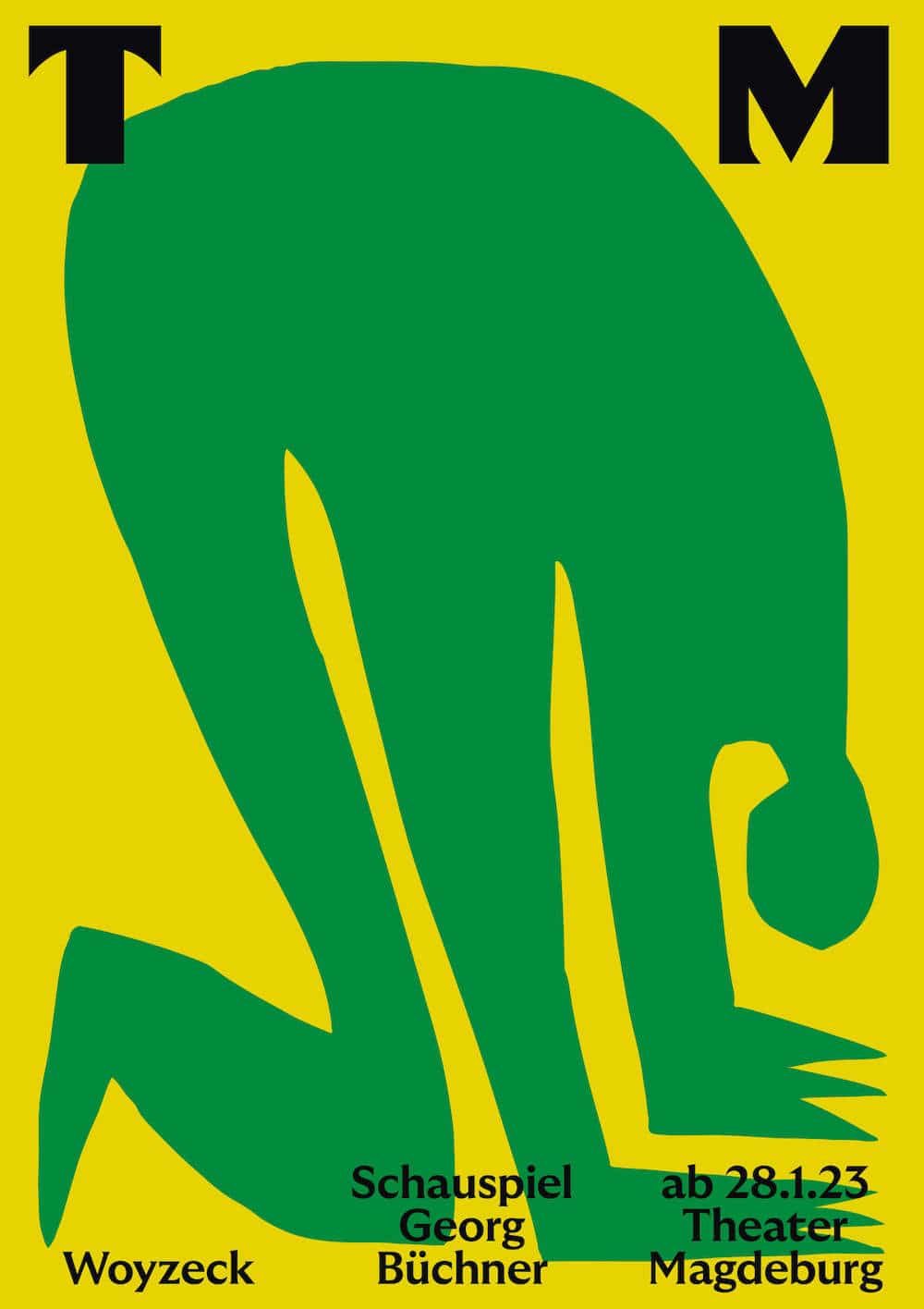 Plakat für das Theater Magdeburg von Neue Gestaltung: Ein Grünes Wesen in Scherenschnittoptik auf gelbem Grund für das Stück Woyzeck