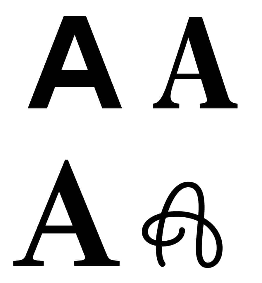 Befragung zur Schriftwahl teilnimmt von Sebastian Schnellbögl: Vier verschiedene Varianten des Buchstaben A in schwarz 