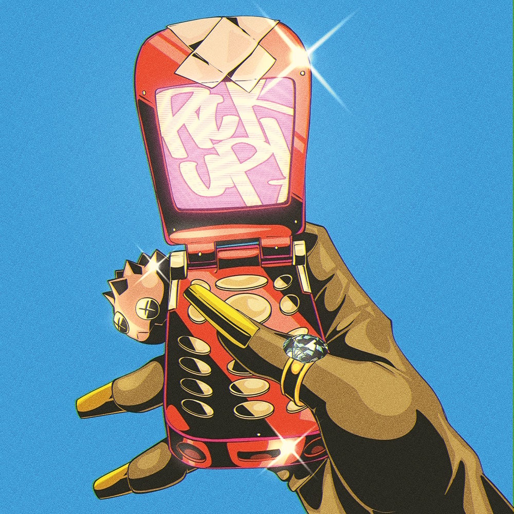 Illustration von Supervillain: Die Hand einer PoC mit langen goldgelben Nägeln und einem funkelndem großen Ring hält ein älteres rotes Klapphandy, auf dessen Display »Pick Up« zu lesen ist.