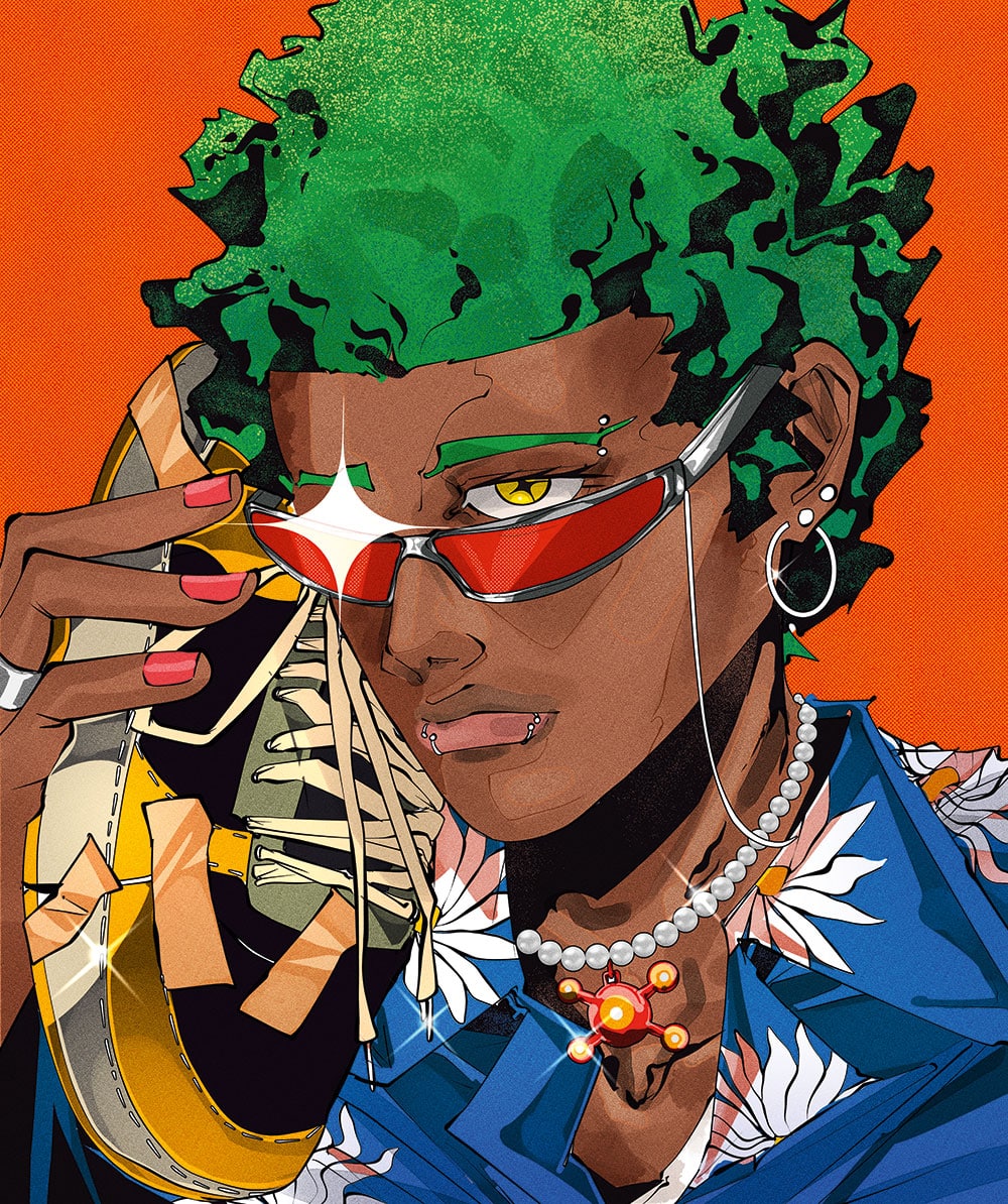 Illustration von Supervillain: Eine PoC mit roter Sonnenbrille und grünen Haaren und Augenbrauen hält einen Sneaker in der Hand, so als würde sie damit telefonieren