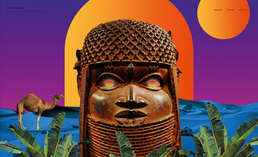 Collagiertes Artwork von Jumbo Oyindoubra Clinton, auf dem unter anderem eine der berühmten Benin-Bronzen abgebildet ist