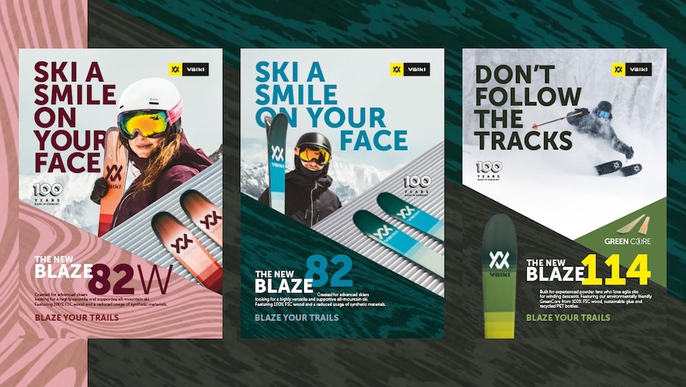 Kampagne zum 100-jährigen Jubiläum von Völkl: Drei verschiedene Plakatvarianten für Skiequipment aus der Reihe The New Blaze