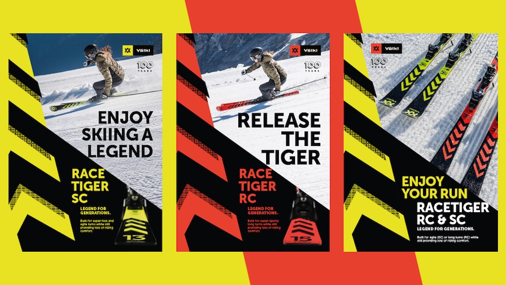 Kampagne zum 100-jährigen Jubiläum von Völkl: Drei verschiedene Plakatvarianten für Skiequipment aus der Reihe Race Tiger