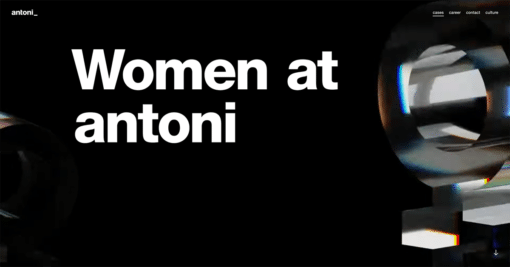 Ein Screenshot der Anton website auf der groß »women at Anton« steht